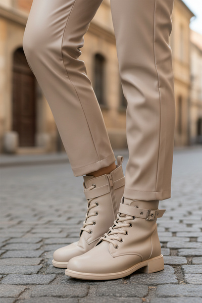 AYAKMOD Γυναικείες μπότες μπεζ με φλις εσωτερικά και φερμουάρ 209151 Z