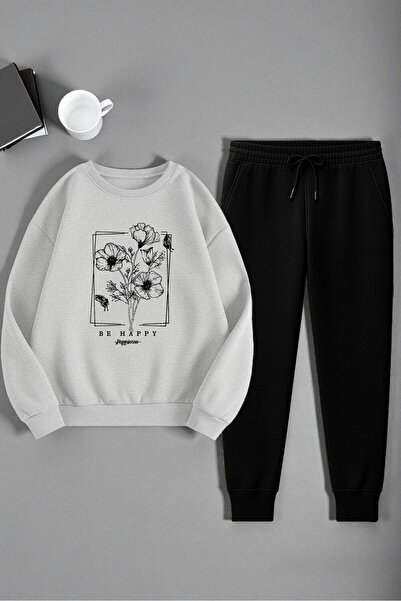 uyguntarz Unisex Ribbon Design Printed Crew Neck Sweatshirt 2-Piece Tracksuit Set