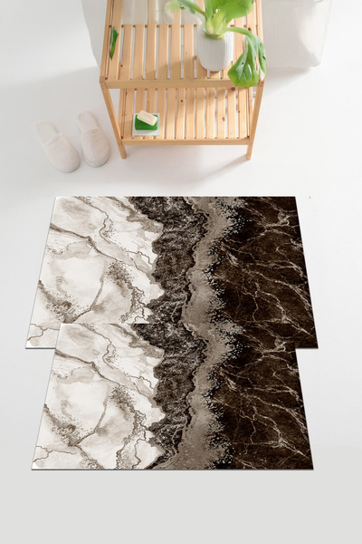 EVİMSEN طقم سجادة حمام رقمية مطبوع قابلة للغسل ومضادة للانزلاق بنمط رخامي