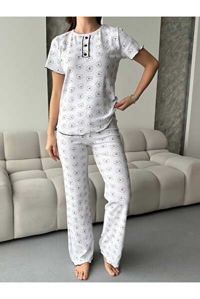 HATEX Patterned Corded Cotton Button Detailed Short Sleeve Pajama Set