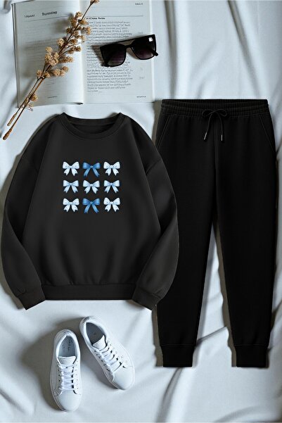 uyguntarz Unisex Ribbon Design Printed Crew Neck Sweatshirt 2-Piece Tracksuit Set
