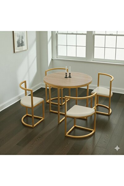 EDMONDA EV AKSESUAR EYLÜL GOLD METAL 90 CM ÇAP YUVARLAK YEMEK MASASI TAKIMI 4 KİŞİLİK BALKON MASASI TAKIMI MUTFAK MASASI
