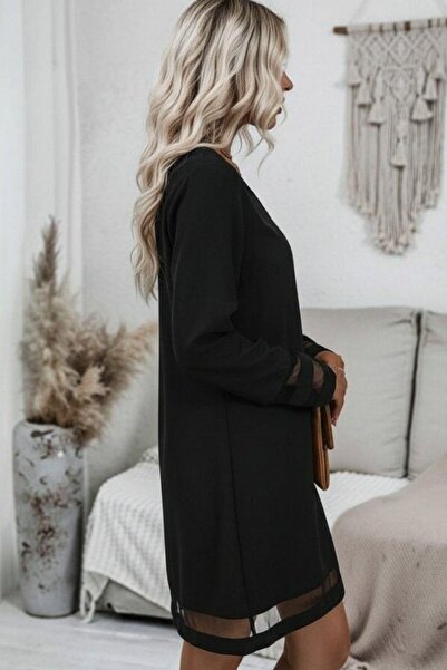 Mossta V-Neck Tulle Striped Detail Short Dress - Black