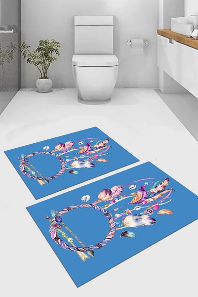 EVİMSEN Digital Printed Washable and Non-Slip Based Colorful Bird Feather Model Bath Mat Toilet Set