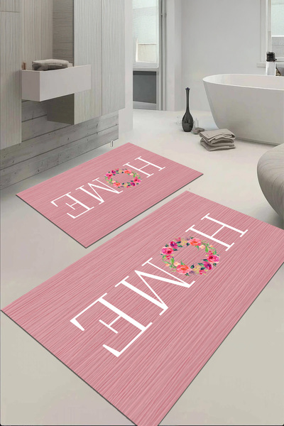 EVİMSEN Digital Printed Washable and Non-Slip Based Floral Home Written Bath Mat Toilet Set
