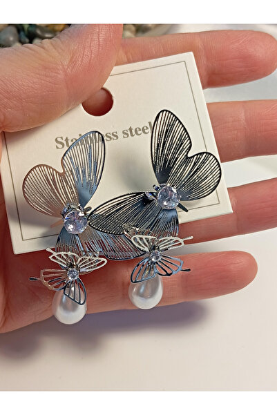 EUROAKSESUAR Silver Pearl Steel Dangle Earrings with Butterfly Detail