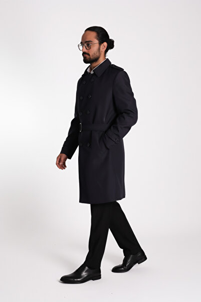 D1fference KARAN Erkek Regular Fit Kruvaze Kapama Kemerli Apoletli Uzun Trençkot