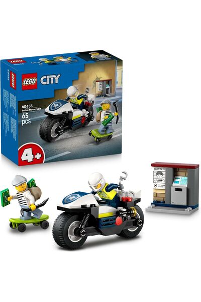 LEGO 60455 مطاردة دراجات نارية للشرطة - مجموعة لعب دراجات نارية لشرطة المدينة مع شخصيات صغيرة وماكينة صرف آلي و