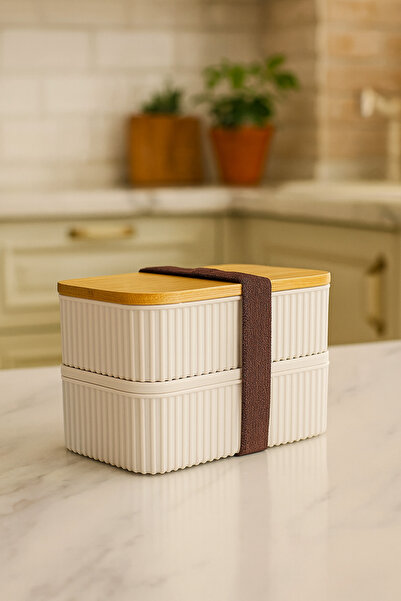 MAKRİ HOME Set of 2 Storage Containers with Bamboo Lids – 0.5+0.5 Liters – Can Be Placed on Top of Each Other – 15X9X10 cm
