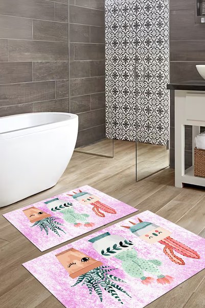 EVİMSEN Digital Printed Washable and Non-Slip Based Colorful Cactus Patterned Bath Mat Toilet Set