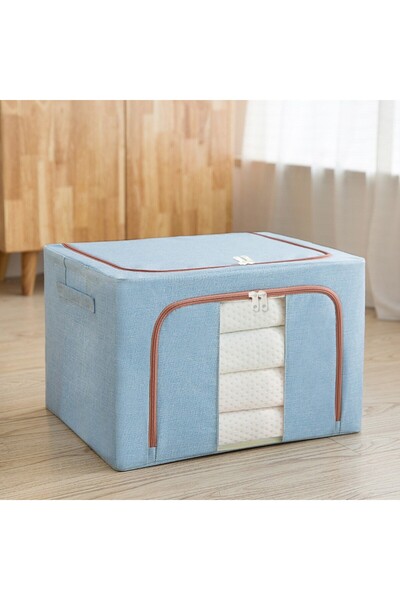 MACVI ® Cutie de depozitare pliabilă, 100L, fermoar, fereastră transparentă, material din bumbac, 60x42x40cm, albastră