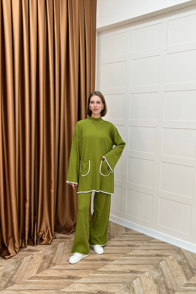 Stilife Cep Örgülü Triko Takım Yağ Yeşili