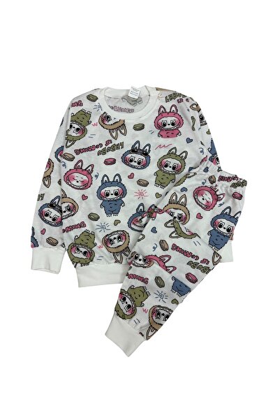 Şekerkids Girl's Two Thread Sha Fleece-Lined White Labubu Patterned Long Sleeve Pajama Set