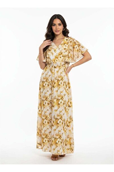 Naxun Floral Yellow Maxi Dress – Lightweight Summer Long Dress with Short Flutter Sleeves