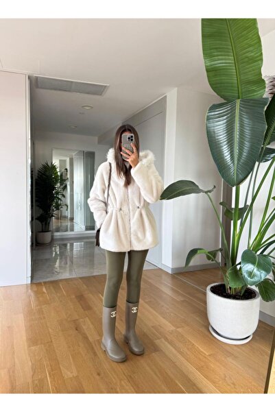 EGZOTİK ASORTİK Fur Detailed Drawstring Waist Hooded Plush Coat