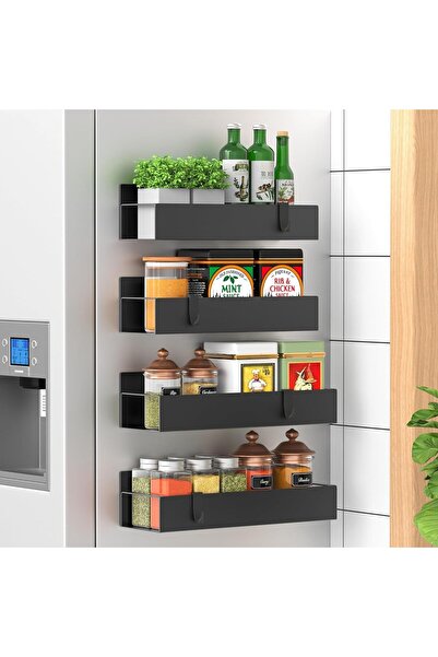 MACVI ® 4 Magnetic Kitchen Shelves, spice organizer with 4 hooks, metal, black, 5 kg capacity