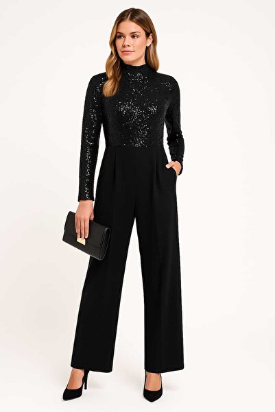 Şans Women's Plus Size Black, Sequin Embroidered, Sleeve Slit Detail, Wide Leg Pocket Evening Jumpsuit 65N39209