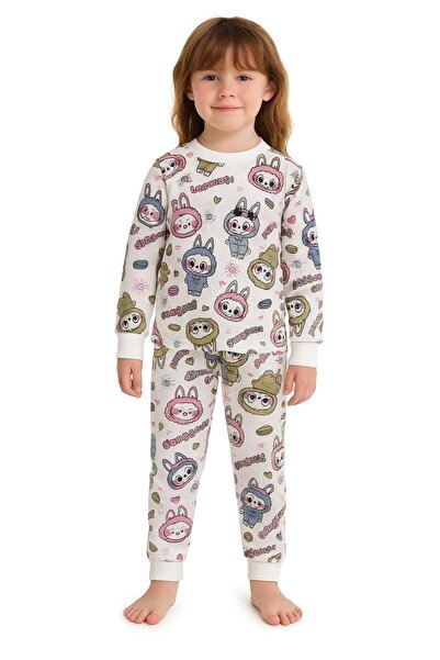 Şekerkids Girl's Two Thread Sha Fleece-Lined White Labubu Patterned Long Sleeve Pajama Set