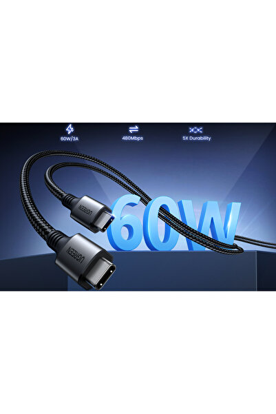 Ugreen USB-C 60W 3A QC PD Örgülü Hızlı Şarj Kablosu, 2 Metre, Siyah, 15374