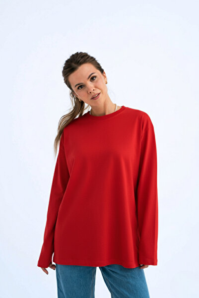 GUARAZ Women's Red Relax Fit Comfortable Cut 100% Cotton Long Sleeve Crew Neck Basic T-Shirt