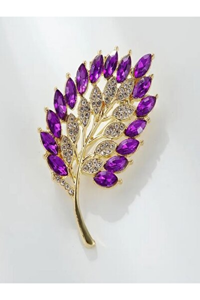 Alyas Aksesuar Mor Taşlı Şık Yaprak Broş