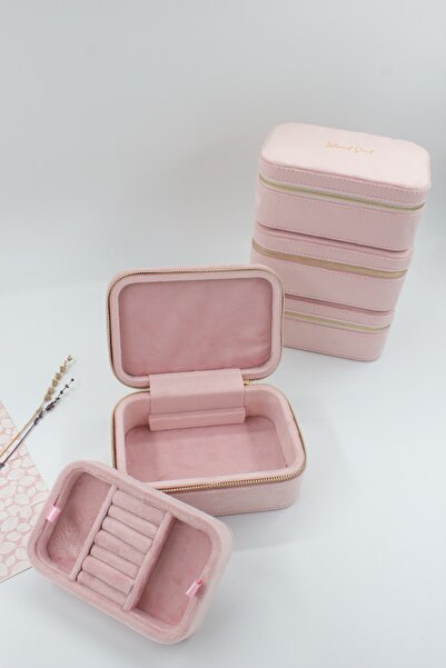 carton box صندوق مجوهرات مخملي وردي فاخر بسحاب، قطعة واحدة