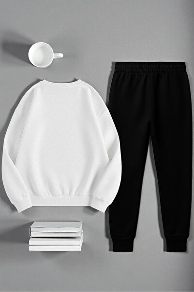 uyguntarz Unisex Ribbon Design Printed Crew Neck Sweatshirt 2-Piece Tracksuit Set