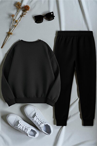 uyguntarz Unisex Ribbon Design Printed Crew Neck Sweatshirt 2-Piece Tracksuit Set