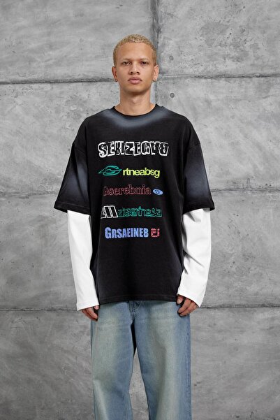 NOMARC Μαύρο φούτερ με μανίκια Sebizegva με τύπωμα τεμαχίων