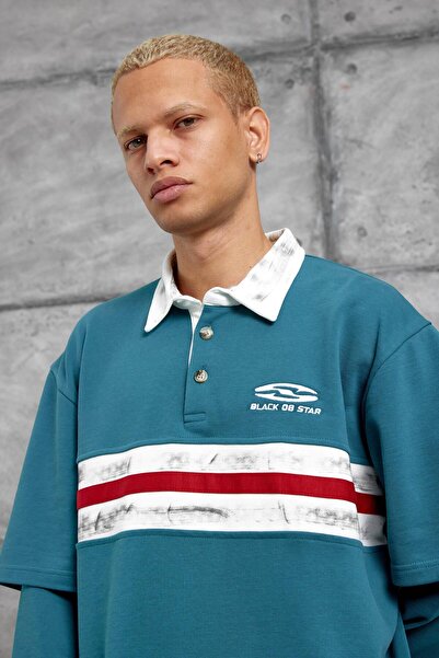 NOMARC Πράσινο μπλουζάκι με λαιμόκοψη πόλο με μανίκια με ένθετα μέρη, μεγάλου μεγέθους