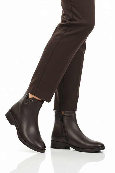 AYAKMOD Καφέ Γνήσιο Δερμάτινο Εσωτερικό Φλις Αντιολισθητικό Γυναικείο Μποτάκι 21893-1 Z