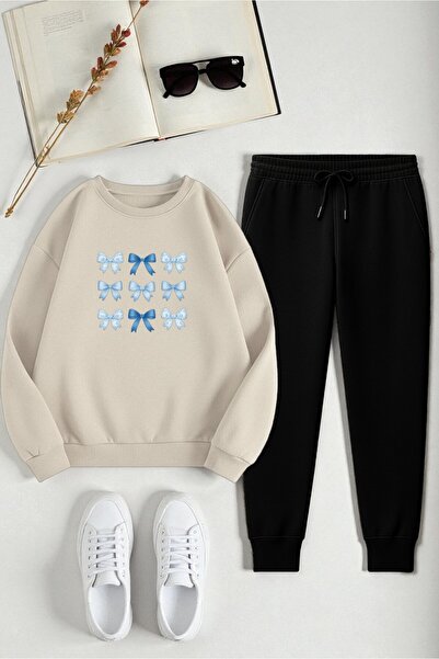 uyguntarz Unisex Ribbon Design Printed Crew Neck Sweatshirt 2-Piece Tracksuit Set