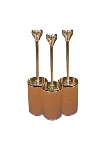 Generic Set of 3 Gold Metal Candle Holders with Brown Leather Base – Luxury Decorative Stands