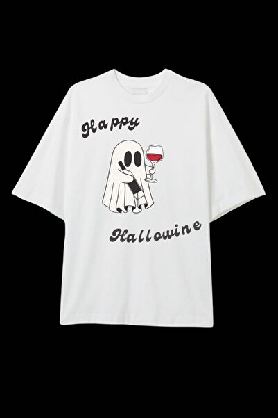 Dupe Design Happy Hallowine Printed Oversized White T-Shirt