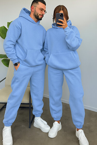 YAKAMEL Kadın Erkek Trend Model Çiftlere Özel 3 Iplik Oversize Kışlık Kalın Eşofman Takımı (TEKLİ)