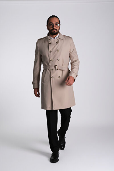 D1fference KARAN Erkek Regular Fit Kruvaze Kapama Kemerli Apoletli Uzun Trençkot