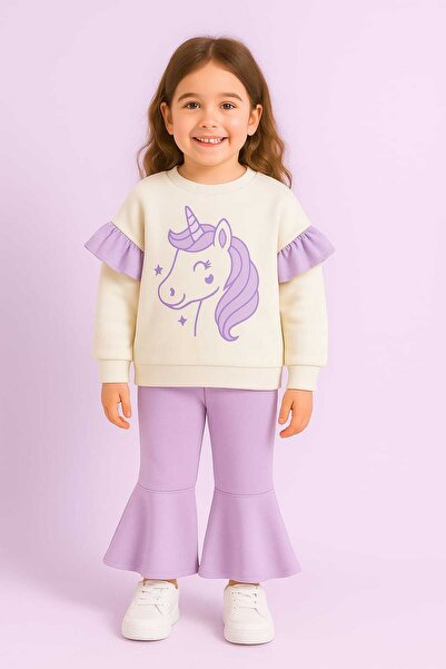 bebekpare Girl's Top and Bottom Set Lilac Horse Printed (Non-Embroidered Fabric) 100% Cotton