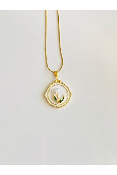 Ustaeller قلادة فولاذية مستديرة مصممة بأشكال زهرة التوليب واللؤلؤ الأبيض