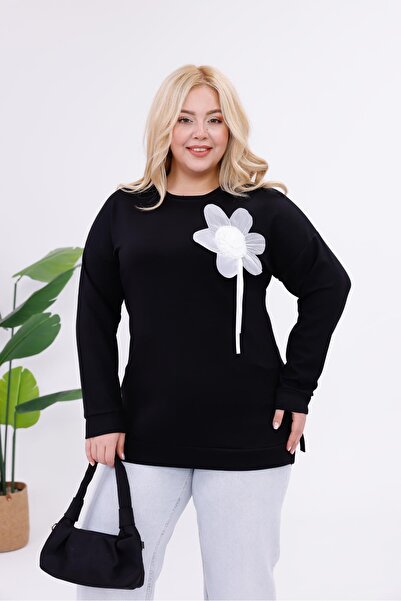 Siyezen Plus Size Modal Fabric Sweatshirt with Floral Accessories