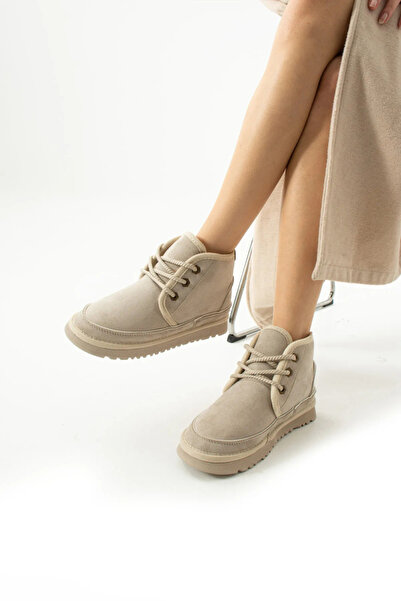 TubiBella İçi Yünlü Mat Bej Renkli Süet Kadın Bot