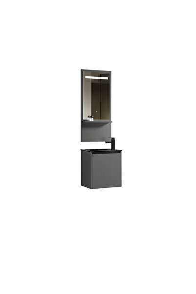 Trendy's bathroom furniture set with black ceramic basin and LED mirror with shelf – matte gray, 5
