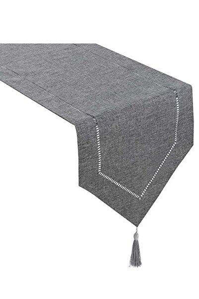 Generic Decorative Linen Table Runner with Tassels - Dark Grey, 14 x 72 in