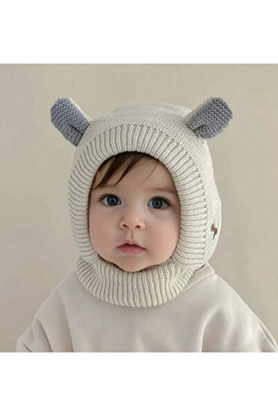genernic Children's winter knitted hat with embroidered ear and cute dog design, beige, age 1-3