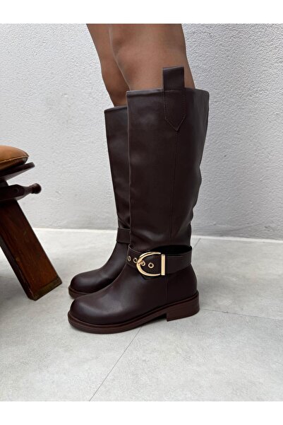 Elvinin Tarzı Karlen Acı Kahve Deri Toka Detaylı Çizme