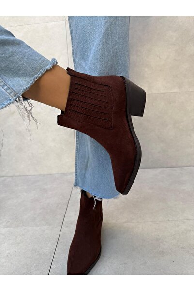 Elvinin Tarzı Sosa Acı Kahve Süet Esnek Lastik Detaylı Kısa Kadın Bot