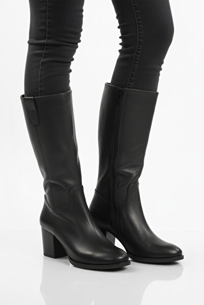 AYAKMOD حذاء نسائي أسود من الجلد الطبيعي بسحاب وبطانة صوفية 86620-1 Z