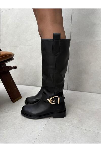 Elvinin Tarzı Karlen Black Leather Buckle Detailed Boots