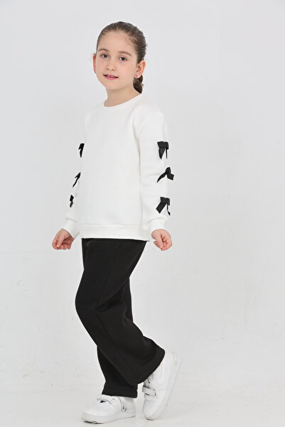 ERDEM KIDS Girl's 3 Thread Ş Fleece-Lined Basic Sweatshirt with Ribbon Detail - Loose Fit Palazzo Tracksuit Set