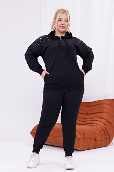 Siyezen Plus Size Pearl Patchwork Detailed Tracksuit Set