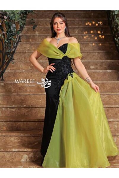 WAREEF FASHION فستان سهرة أسود وأخضر ليموني أوف شولدر تفته روسي بتطريز يدوي وذيل جانبي